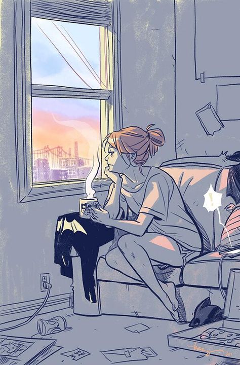 Arte Doodle, Rock Nacional, Japon Illustration, Looking Out The Window, Arte Inspo, Art And Illustration, Batgirl, The Window, A Coffee