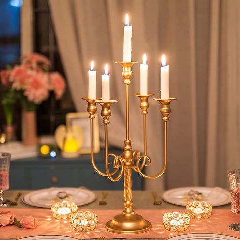 Tuscan Candles, Blue Pillar Candles, Gold Candelabra, Metal Candelabra, Centerpiece Christmas, Tall Candle Holders, Round Candles, Gold Candle, Candle Plate