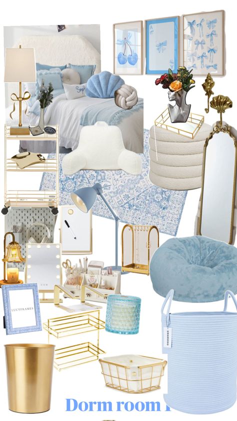 Blue and gold dorm room inspiration Suite Dorm Room Ideas, Blue And Gold Dorm Room, Gold Dorm Room, Dorm Room Blue, Dorm Themes, Blue College, Dorm Inspiration, College Bedroom, College Dorm Room Decor