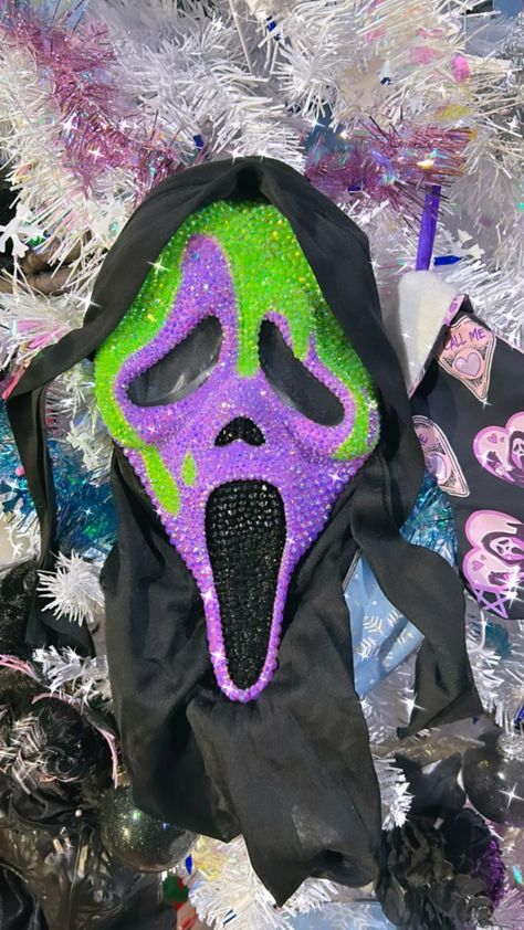 Customize your own rhinestoned ghost face mask! Any color, any design I will work with you to make your vision come alive. All masks are one of a kind  Masks take me 2-5 days depending on detail of mask.   Gems are sealed for protection and packed with care.  Message me any time with questions! ❤️ You can also check out my Instagram for more ideas @gaeasglitzandgore or if you're in AZ my masks are in a local horror store, Terror Trader! scream, ghostface, horror, bedazzled, bedazzled masks, spoo Scream Mask Bling, Ghostface Mask With Gems, Ghost Face Mask Rhinestone, Bedazzled Halloween Mask, Bedazzled Masks, Bedazzled Scream Mask, Diy Mask Costume, Bedazzled Mask, Scream Halloween Costume