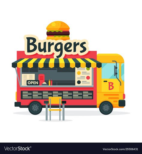 Food Truck Cartoon, Burger Food Truck, Burger Truck, Food Truck Party, Fast Food Delivery, Small Apartment Building Design, Burger Shop, Shop Vector, Kids Market