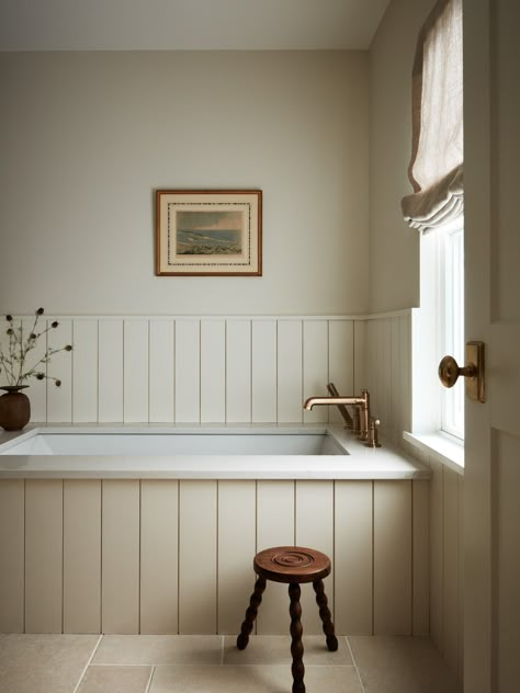 Normandie — Bowerbird Co Wood Bath Surround, Paneled Tub Surround, Shiplap Bathtub Surround, Beadboard Around Bathtub, Bathroom Ideas Built In Bath, New England Bathroom Ideas, Vintage Neutral Bathroom, Simple Classic Bathroom Design, Modern Country Style Bathroom