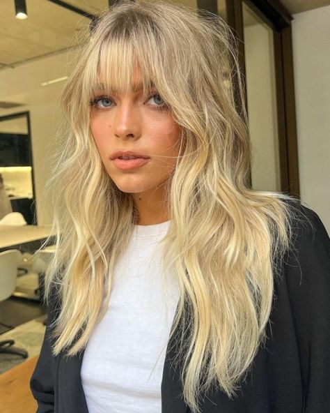 Long Blonde Shag with Wispy Bangs Blonde Hair With Fringe, Bangs 2022, Blonde Fringe, Hair Curtain, Bangs Curtain, Tan Skin Blonde Hair, Blonde Bangs, Bangs Straight, Blonde Hair With Bangs