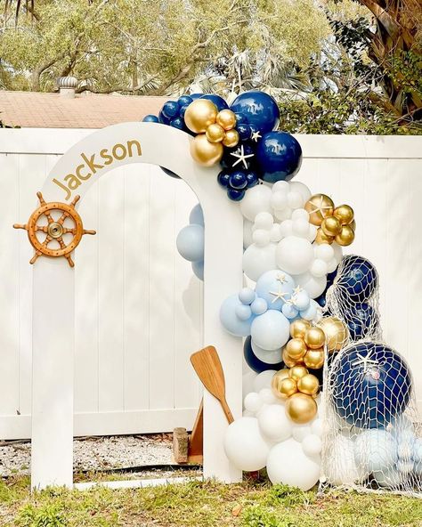 Nautical Birthday Decorations, Nautical Baby Shower Boy, Sailor Baby Showers, Surf Birthday Party, Sailor Birthday, Sailor Baby, First Birthday Balloons, Nautical Birthday Party, Ocean Birthday Party