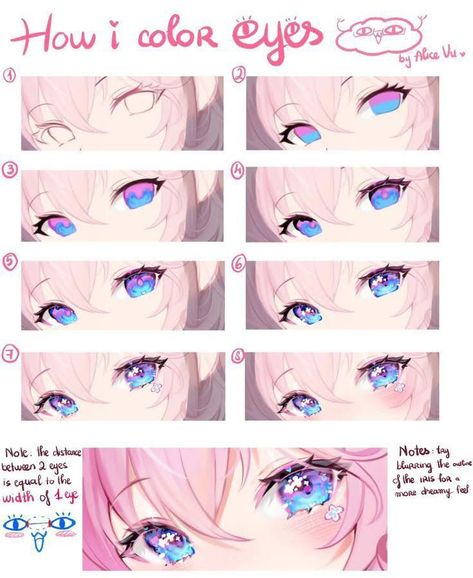 Anime Eye Tutorial Digital, Eyes Cute Drawing, How To Color Eyes Digital, Drawing How To, Eye Rendering Tutorial, How To Color Digital Art, How To Shade Eyes, How To Color Eyes, Genshin Eyes