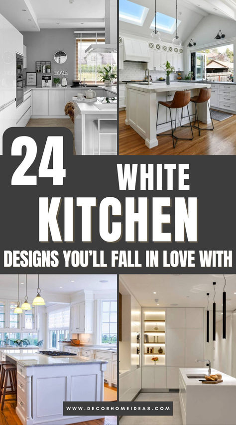 White Kitchen With Wood Peninsula, White Kitchen Cabinets With Marble Countertops, Ikea White Kitchen Ideas, Transitional White Kitchen Ideas, Kitchen With White Cabinets Ideas, White Cabinet Kitchen Decor, All White Kitchen Modern, White Kitchens 2024, Modern Kitchen Ideas White