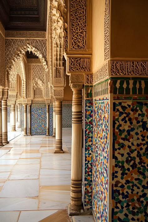 "Marvel at the Alhambra! 🏰🌟 Explore this stunning palace and fortress complex in Spain, renowned for its intricate Moorish architecture. ✨ #Alhambra #SpanishHistory #TravelSpain" Spain Islamic Architecture, Spain Alhambra Palace, Spanish Islamic Architecture, Ancient Arabian Architecture, Alhambra Interior, Al Hambra Palace, Latin Architecture, Spanish Palace, Andalusian Architecture