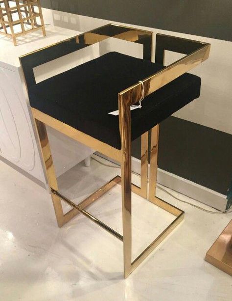 Randolph Contemporary bar stool in brass & black velvet | www.bocadolobo.com #bocadolobo #luxuryfurniture #exclusivedesign #interiodesign #designideas #partnerbrand #luxurybrand #koket #”barfurnitureideas” Leather Furniture Decor, Black Leather Furniture, Cool Bar Stools, Kursi Bar, Smart Tiles, Gold Chair, Contemporary Bar Stools, Home Bar Decor, Steel Furniture