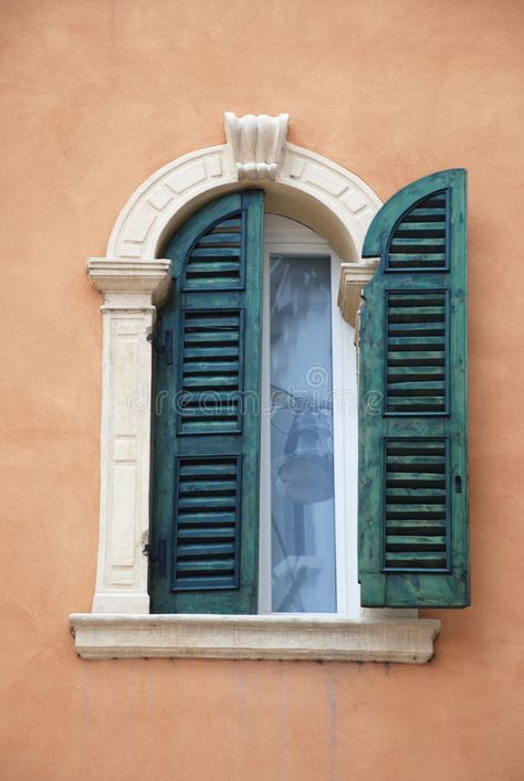 Photo about Antique  window with green shutters from Verona (Italy). Image of facade, antique, ornate - 18814855 Mediterranean Windows, Old Style House, Window Shutters Exterior, Green Shutters, Antique Window, House Design Exterior, Antique Windows, Shabby Chic Curtains, Window Covering