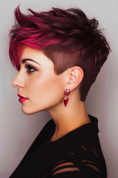 Short Punk Haircuts, Punk Haircuts, Pink Pixie Cut, Short Curly Hair Ideas, Red Pixie Haircut, Pink Short Hair, Pink Pixie, Short Shaved Hairstyles, Curly Hair Ideas