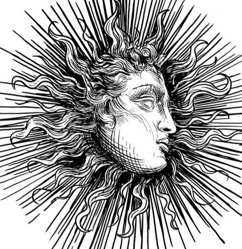 Helios Tattoo Design, Big Sun Tattoo, Sun Mythology, Sun God Tattoo, Helios Tattoo, Sun Engraving, Medieval Sun, Apollo Tattoo, Sun With Face