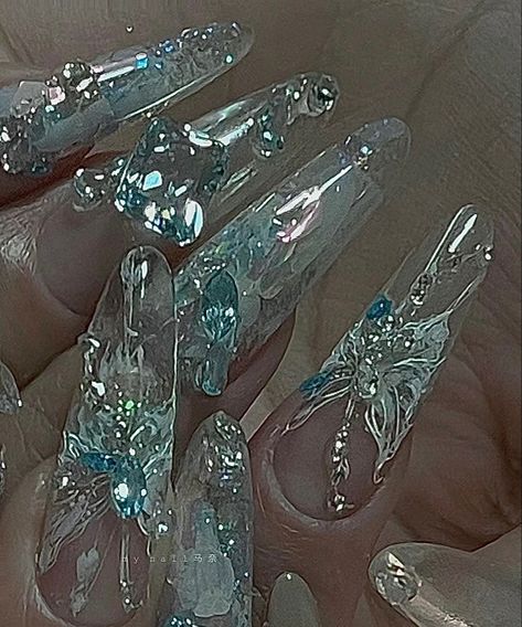 Korean Jelly Nails Butterfly, Siren Acrylic Nails, Butterfly Nail Gem, Douyin Butterfly Nails, Cybercore Nails Blue, Clear Blue Acrylic Nails, Dark Butterfly Nails, Dusty Blue Prom Nails, Blue Nails Gems