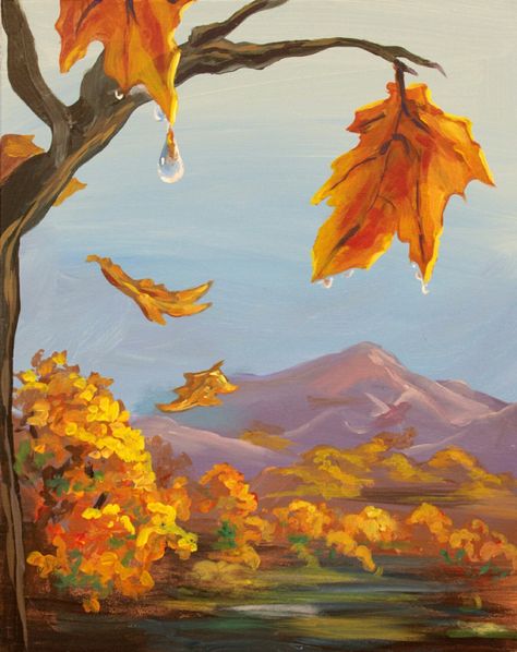 Landscape Paintings Autumn, Cute Autumn Paintings, Painting Autumn Leaves, Fall Leaves Painting Easy, Autumn Landscape Drawing, Autumn Painting Ideas Easy, September Painting, Autumn Trees Painting, Halloween Watercolor Art