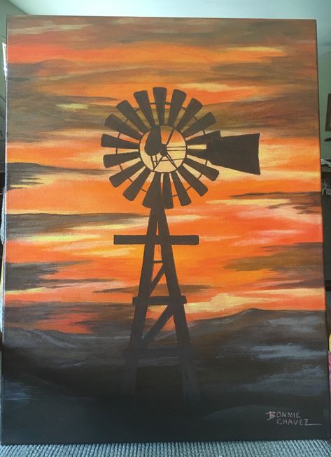 Country Sunset Painting, Western Things To Paint On Canvas, Diy Western Canvas Painting, Country Acrylic Painting, Cute Country Paintings, Western Things To Paint, Windmill Painting Easy, Easy Western Painting Ideas On Canvas, Country Paintings On Canvas