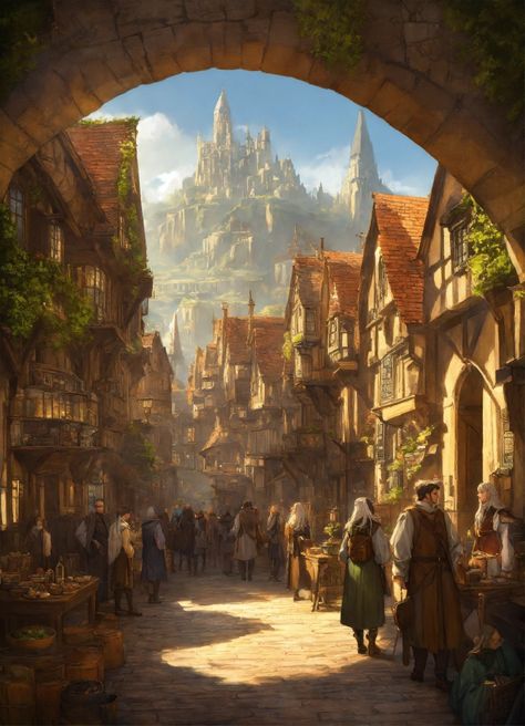 Fantasy Landscape Village, Kingdom Village, University Concept Art, Medieval Town Concept Art, Medieval Kingdom Aesthetic, Fantasy Town Aesthetic, Medieval Marketplace, Forest Village Fantasy Art, Medieval Town Aesthetic