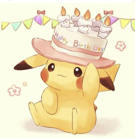 Happy Birthday Pokemon, Pokemon Birthday Card, Birthday Pikachu, Pop Culture Tattoos, Cake Hat, Kartu Pokemon, Culture Tattoos, Pikachu Drawing, Pokemon Painting