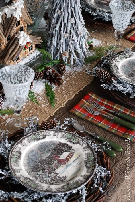 A Friendly and Snowy Village @ Home is Where the Boat Is Christmas Dishware, Friendly Village Dishes, Christmas Tables, Winter Tablescapes, Snowy Village, Christmas Table Setting, Serving Ware, Christmas China, Beautiful Tablescapes