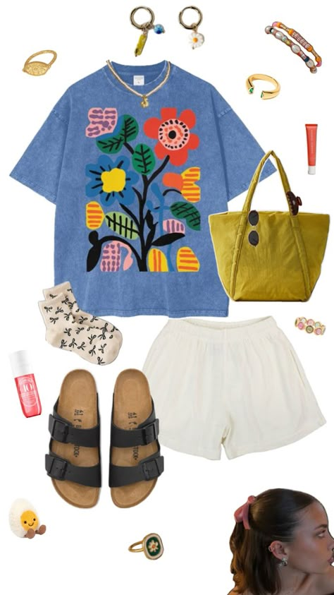 graphic tee, cotton shorts, birkenstocks, cozy socks, gold jewelry, beaded jewelry, summer jewelry, short hair, ribbon, baggu cloud bag, sol de janeiro 40 Short Hair Ribbon, Beaded Jewelry Summer, Cozy Summer Outfits, Cloud Bag, Jewelry Summer, Hair Ribbon, Cozy Socks, Jewelry Beaded, Everyday Outfit