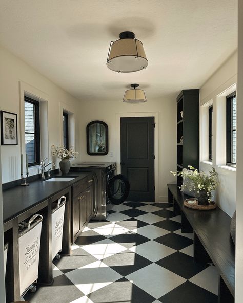 Laundry isn’t so bad when you have a pretty space to do it #formandfunction Black And White Checkered Floor Mudroom, Laundry Room Tile Floor Black And White, Black And White Floor Laundry Room, Black And White Checked Bathroom Floor, Checkered Floor Mudroom, Gray And White Checkered Tile Floor, Black And White Tile Laundry Room, Checkered Laundry Room, Checkered Laundry Room Floor