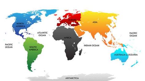 The world has seven continents. They are Africa, Antarctica, Asia, Australia/Oceania, Europe, North America, and South America. Continents Of The World, World Map Continents, Geography For Kids, Continents And Oceans, Teaching Geography, All Continents, Geography Map, 7 Continents, Geography Lessons