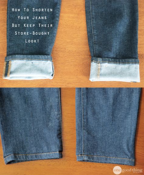 This awesome hemming trick allows you to shorten yours jeans and KEEP their original hem. It’s crazy clever! Shorten Jeans, Hemming Pants, Turn Up Jeans, Hemming Jeans, Jeans Sewing, Jeans Tutorial, One Good Thing By Jillee, Original Hem, Diy Jeans