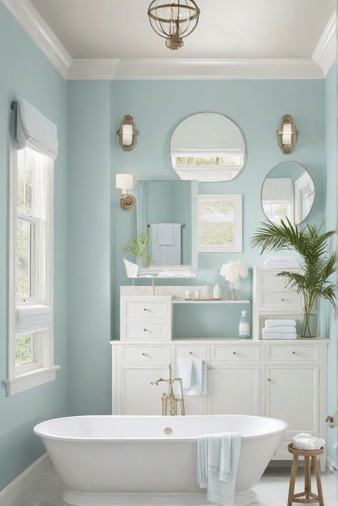 Step into serenity with Palladian Blue (HC-144), the perfect choice for a coastal bathroom oasis. Discover how soft, tranquil blues can transform your daily interior designer routine. #Ad #homedecor #homedesign #bathroom #Painthome interiorarchitecture best Wall Colors for Bathroom Colors Bright Room Colors best colors combinations bathroom bathroom Remodeling Modern Paint Colors 2024 Light Blue Farmhouse Bathroom, Best Blue Bathroom Paint Colors, Blue And Cream Bathroom Ideas, Palladian Blue Bathroom, Bathroom Paint Inspiration, Baby Blue Bathroom, Light Blue Bathroom Ideas, Pale Blue Bathroom, Bathroom Paint Colors Blue