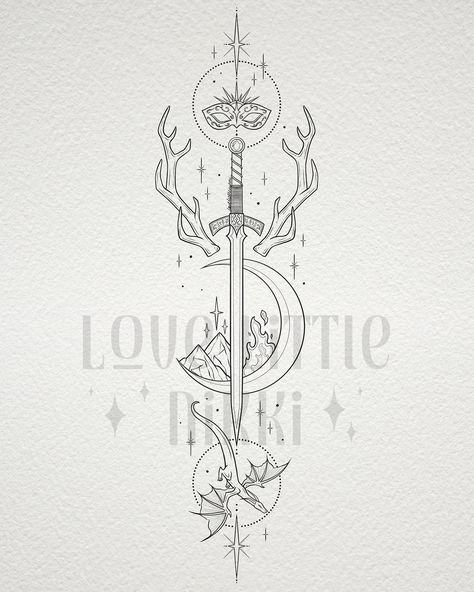 SJM Goldryn sword tattoo design for Amanda 🗡️✨ this one is an ACOTAR x Throne of Glass cross over! Thank you for your trust Amanda 📚📖 #acotar #throneofglass #bookish Womens Half Sleeve Tattoo Lower Arm, Fantasy Spine Tattoo, Book Spine Tattoo, Ataraxia Tattoo, Maas Tattoo, Sjm Tattoo, Tattoo Ideas Spine, Sarah J Maas Tattoo, Sarah J Maas Tattoo Ideas