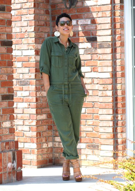 Topshop Army Green Jumpsuit | Mimi G Style Army Green Dress Outfit, Green Jumper Outfit, Green Jumpsuit Outfit, 2023 Fall Winter Fashion, Winter Dress Ideas, Army Green Jumpsuit, Cute Casual Dress, Green Dress Outfit, Shaded Summer