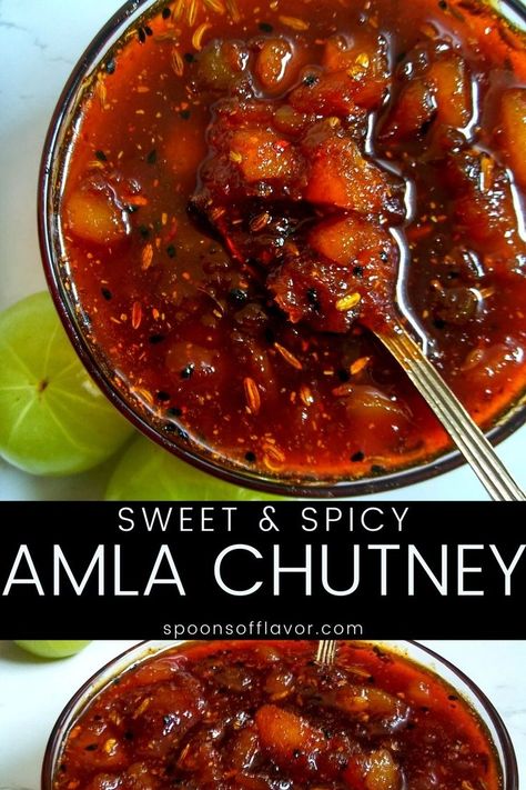 Sweet amla chutney recipe: An easy, mildly spicy, chatpata amla chutney made with Indian gooseberries and a few commonly available spices. Amla Chutney, Gooseberry Chutney, Gooseberry Recipes, Vegetarian Platter, Indian Gooseberry, Chutney Recipe, Chutney Recipes, Pickling Recipes, Jam Recipes