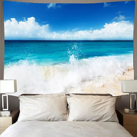 Coastal aesthetic wallpaper Beautiful Sea Beach Blue Sky Landscape Tapestry Polyester Wall Cloth Art Tapestry Wall Hanging Sea Wave Theme Home Decorations.❤😀 🛒Buy: https://s.click.aliexpress.com/e/_DmUQ0Wd Product sellpoints Material: 100% Polyester: Crafted from 100% polyester, this tapestry offers a soft, smooth texture with anti-pilling and color-fastness. Customization: DIY Printing: Personalize your space with custom designs; easily print any image or artwork for a unique touch.', Ver... Sea Bedrooms, Ocean Tapestry, Blue Sky White Clouds, Landscape Tapestry, Beach Hippie, Wall Decor Aesthetic, Cloth Art, Large Beach Towels, Art Tapestry