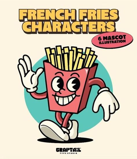 GRAPTAIL STUDIO on Instagram: "Cute French Fries Characters - 6 retro characters . Perfect for logo design, posters, or for printing on T-shirts and other clothing, as well as for characters for social media design or any ads, labels, packaging, wall art, creating greeting cards or invitations, and more. . . Hope you enjoy it🙏 . For commissions work: 📩 graptail@gmail.com 📩 Direct Message . . Visit (graptail.net) to find the perfect font for your design project and create unforgettable pieces! . .  #branding #brand #brandingstudio #designstudio #logo #logodesigner #logodesign #badge #badgedesign #emblem #emblemdesign #characterdesign #mascot #mascotdesign #mascotdesigner #characterdesigner #illustrator #Illustration #graptail" French Fry Illustration, Food Font Design, Fries Logo Design, French Fries Logo, Fries Logo, Fries Illustration, Cute Branding, Food Font, Retro Mascot