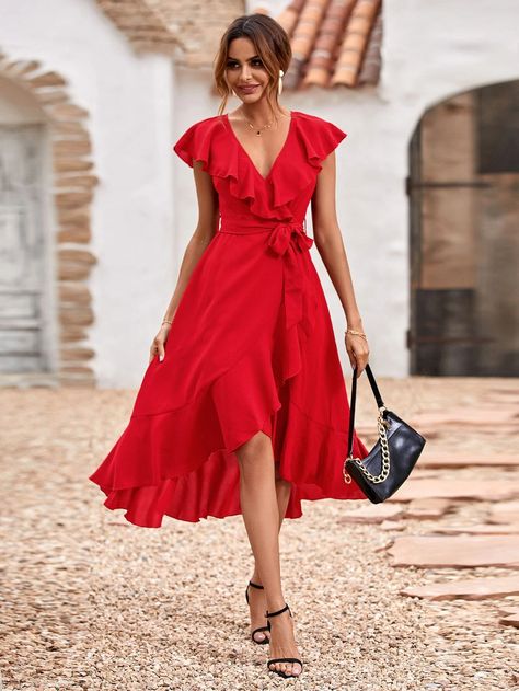 Solid Ruffle Trim Belted Wrap Dress | SHEIN USA Long Silk Gown, Belted Wrap Dress, Long Formal Gowns, Business Formal Dress, Coachella Dress, Formal Dresses Gowns, Long Evening Gowns, Belted Midi Dress, Silk Gown