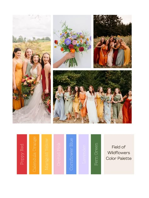 Whimsical Color Palette Wedding, September Wedding Colors Bridesmaid Dress, Bright Wedding Colour Schemes, Fall Wildflower Color Palette, Bright Fall Bridesmaid Dresses, Light Jewel Tone Wedding, Wild Flower Wedding Theme Bridesmaid Dresses, Multicolor Bridesmaid Dresses Summer, Muted Rainbow Color Palette Wedding