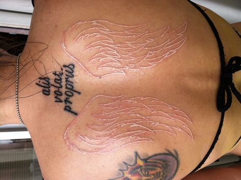 My "White Ink" wings tattoo. Latin saying...."flies with her/their own wings"  For my Mom.....I love you, thanks for the inspiration. White Wing Tattoo, White Wings Tattoo, Tattoo Wings, Wing Tattoos On Back, Anna Craft, White Wing, Latin Quotes, White Ink Tattoo, White Angel Wings