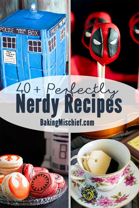 40+ perfectly nerdy recipes inspired by books, television, and movies. Recipes for everything from 'Game of Thrones' and 'The Walking Dead' to 'Star Wars' and the Marvel Cinematic Universe! From BakingMischief.com Nerdy Party Food, Recipes From Fiction Books, Recipes Based On Movies, Horror Movie Inspired Recipes, Recipes Inspired By Movies, Fantasy Snack Ideas, Food From Tv Shows, Food From Movies And Tv Shows, Video Game Inspired Food