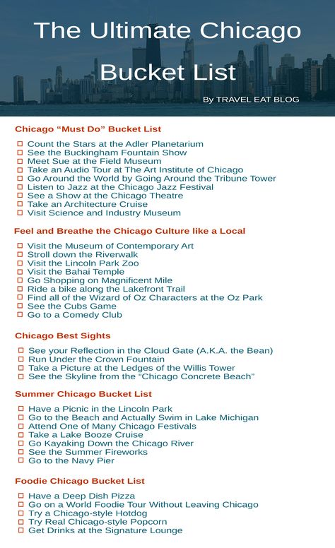 Chicago is an amazing city hundreds of unique things to do and foods to try.  Use this Chicago Bucket list for a unique and exciting Chicago vacation. Couple Bucket Lists, Chicago Places To Visit, Chicago Itinerary, Chicago Bucket List, Chicago Travel Guide, Chicago Christmas, Chicago Vacation, Chicago Things To Do, Chicago Aesthetic