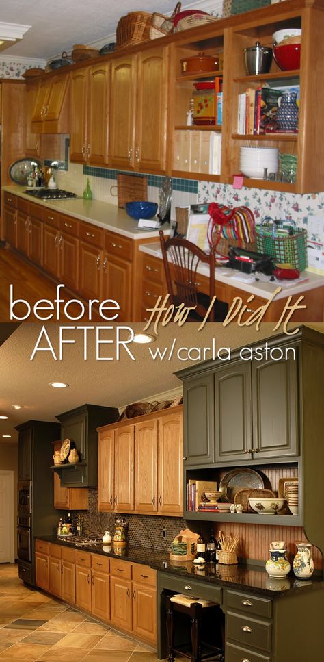 What To Do With Oak Cabinets ➤ http://CARLAASTON.com/designinthewo/2011/09/what-to-do-with-oak-cabinets.html Oak Kitchen Cabinets, Oak Kitchen, Dark Kitchen Cabinets, Oak Cabinets, Kitchen Remodel Ideas, Trendy Kitchen, Kitchen Redo, Kitchen Remodel Idea, Updated Kitchen