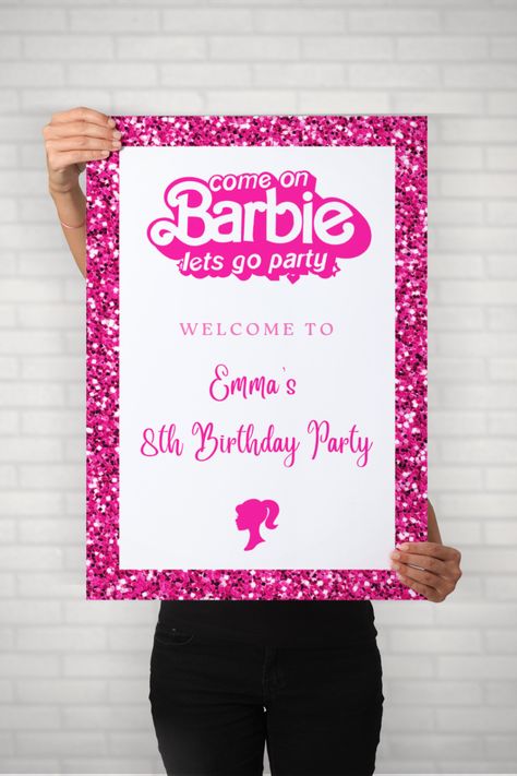 Barbie Birthday Welcome Sign, First Birthday Barbie Theme, Barbie Birthday Ideas, Barbie Bday, Barbie Decorations, Barbie Pool Party, Barbie Party Decorations, Barbie Halloween Costume, Barbie Theme Party