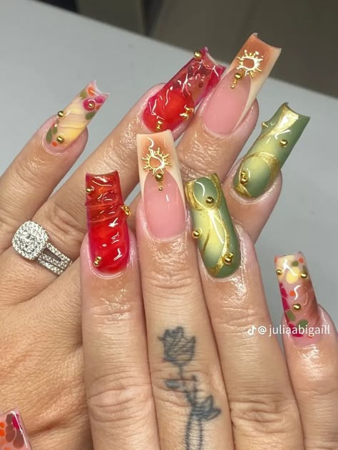 Hippie Nails, Grunge Nails, Girly Acrylic Nails, Unique Acrylic Nails, Bling Acrylic Nails, Fire Nails, Funky Nails, Pretty Acrylic Nails, Short Acrylic Nails