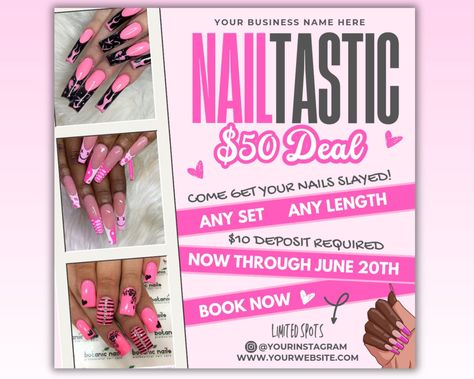 Nail Deal Flyer, Nail Special Flyer, Nail Tech Sale Flyer, Nail Flash Sale Flyer, Nail Booking Flyer, Nail Promotion Flyer, Nail Promo Template Nail Appointments Book Now DIY Canva Social Media Template  Edit the template with the free graphic design tool, Canva and you can create a beautiful, eye catching design to promote your business in just minutes.  WHAT IS INCLUDED * Canva  template for smartphone in size : 1080x1080 px. * Instant download. After purchase, you will receive an email with a Nail Tech Deals, Nail Deals Flyer, Nail Promotion Poster, Nail Discount Ideas, Nail Sale Flyer, Nail Tech Flyer Ideas, Nail Promotions Ideas, Nail Flyer Ideas, Nail Special Flyer