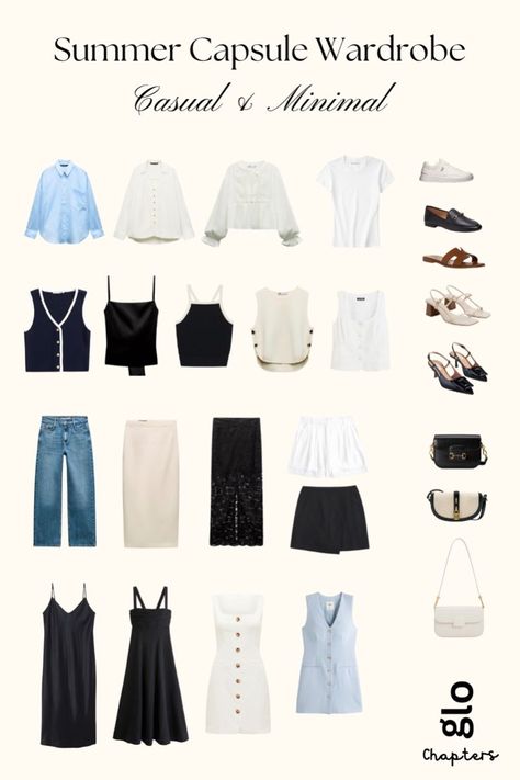 Capsule Wardrobe 2024 - Summer Capsule - Outfit Ideas Capsule Wardrobe With Skirts, Basic Tops Capsule Wardrobe, Coastal Summer Aesthetic, Mom Wellness, Normcore Aesthetic, Minimalist Fits, Capsule Clothing, Autumn Capsule Wardrobe, Minimalist Wardrobe Essentials