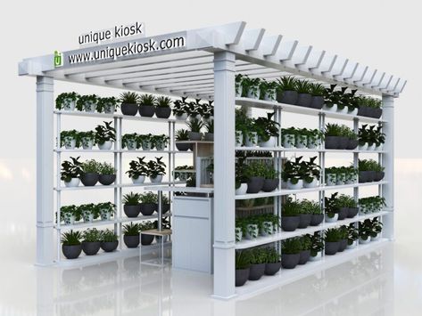 Plant Store Ideas Outdoor, Outdoor Flower Shop, Plant Store Display, Flower Kiosk, Glass Green House, Pot Display, Garden Center Displays, Mall Kiosk, Flower Shop Design