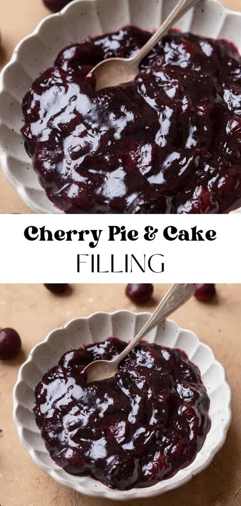 This delicious cherry filling is thick, sweet, and flavorful- perfect for filling cherry cakes, pies, cupcakes, tarts, and more! It's easy to make in under 15 minutes with ingredients you probably already have in your pantry. Cherry Filling For Cake, Cherry Cake Filling Recipes, Cherry Frosting Recipe, Easy Cherry Cake, Cherry Curd, Orange Cake Filling, Cupcake Fillings, Cherry Filling Recipes, Cherry Cake Filling