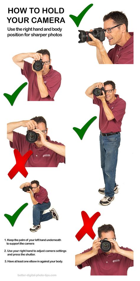 Infographic on holding a camera properly. Beginner Photography Camera, Manual Photography, Digital Photography Lessons, Digital Photography Backdrops, Dslr Photography Tips, Photography Settings, Sharp Photo, Fotografi Digital, Creative Photography Techniques