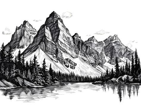 Dive into a serene landscape & let your imagination roam with this inked portrayal of majestic mountains and reflection-touched lake. Follow & save for more visual escapes. Embrace the tranquility of nature's masterpiece, a timeless ink drawing where rugged peaks meet calm waters, under a softly sketched sky. Perfect for those seeking a slice of peace or an artistic inspiration. #imageprompt #Aiimage #mountain majesty #inkdrawing #natureart #artprint #sereneescape Lake Ink Drawing, Mountains Drawing, View Of Mountains, Archangel Tattoo, Inktober 2024, Mountain Drawing, Serene Landscape, Calm Waters, Old Tattoos