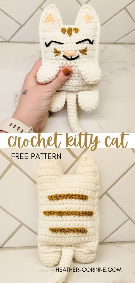 Pinterest graphic for the crochet Kitty Cat Cuddler free pattern. Ragdoll Cat Crochet Pattern, Crochet Cuddlers, Kawaii Cuddler Crochet, Crochet Cats And Kittens, Knotted Lovey Crochet Pattern Free, Arigami Crochet, Crochet Cat Lovey Free Pattern, Crochet Cuddler, Kawaii Cuddler Free Pattern