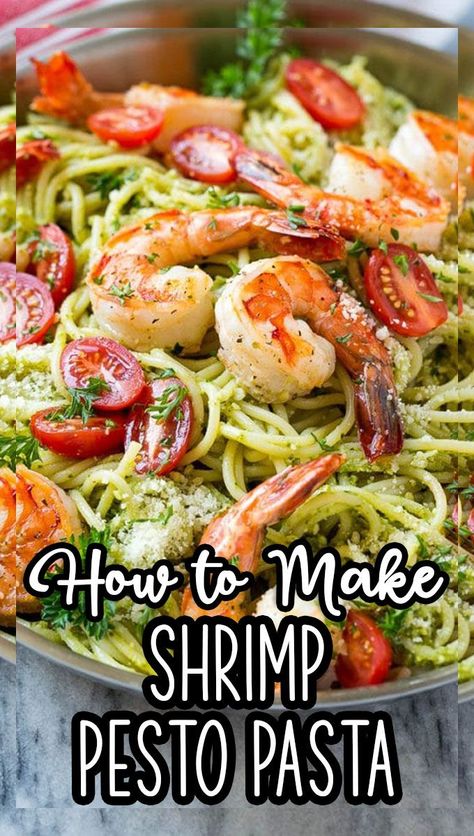 This recipe for shrimp pesto pasta is spaghetti tossed in a flavorful pesto sauce, then topped with sauteed shrimp and tomatoes. Shrimp And Pesto, Shrimp Pesto Pasta, Salad Appetizer Cups, Pesto Pasta Recipe, Pesto Shrimp, Pasta Al Pesto, Pesto Pasta Recipes, Seafood Pasta Recipes, Seafood Seasoning