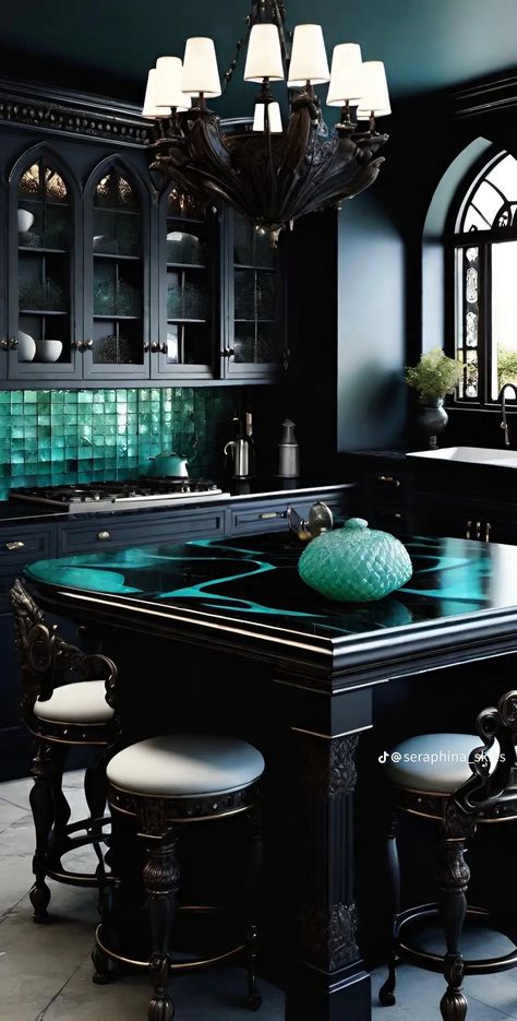 Black Teal Kitchen, Black And Teal Kitchen Ideas, Black And Turquoise Kitchen, Goth Kitchen Ideas, Dark Maximalism, Goth Kitchen, Fun Room, Black White Kitchen, Turquoise Kitchen