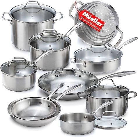 This cookware set is a complete kitchen in a box! Simmer, sauté, fry, boil or braise to your heart's content! Includes 1, 2 and 3qt saucepans, 8”, 10” and 12” skillets, large 3.5qt sauté pan, 4.5qt Dutch oven, versatile 8qt stock pot as well as a multi-tiered steamer insert that fits all saucepans and interchangeable lids. Each pan is suitable for oven and stovetop cooking, including induction. Earth Cake, Stainless Steel Cookware Set, Bathing Products, Kitchen Cookware Sets, Professional Cooking, Induction Cookware, Cookware Set Stainless Steel, Saucepans, Stainless Steel Pot