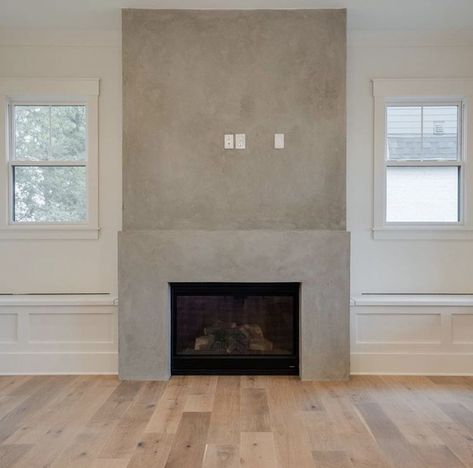 Concrete Finish Fireplace, Concrete Plaster Fireplace, Fireplace Drywall Surround, Modern Cement Fireplace, Studio Mcgee Fireplace Ideas, Square Fireplace Tv Wall, Cement Board Fireplace, Grey Plaster Fireplace, Modern Concrete Fireplace